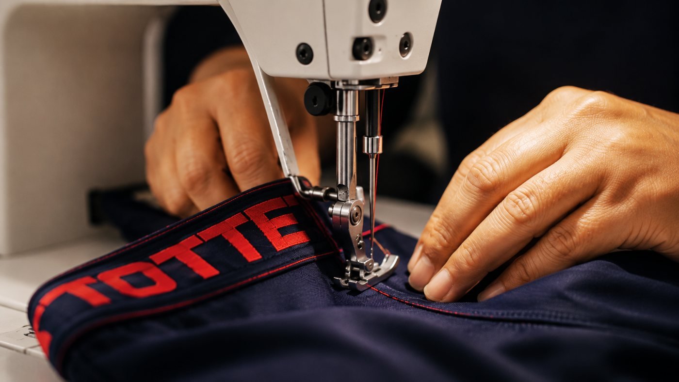 Mãos costurando o elástico vermelho da Totter numa cueca azul-marinho, na máquina da fábrica